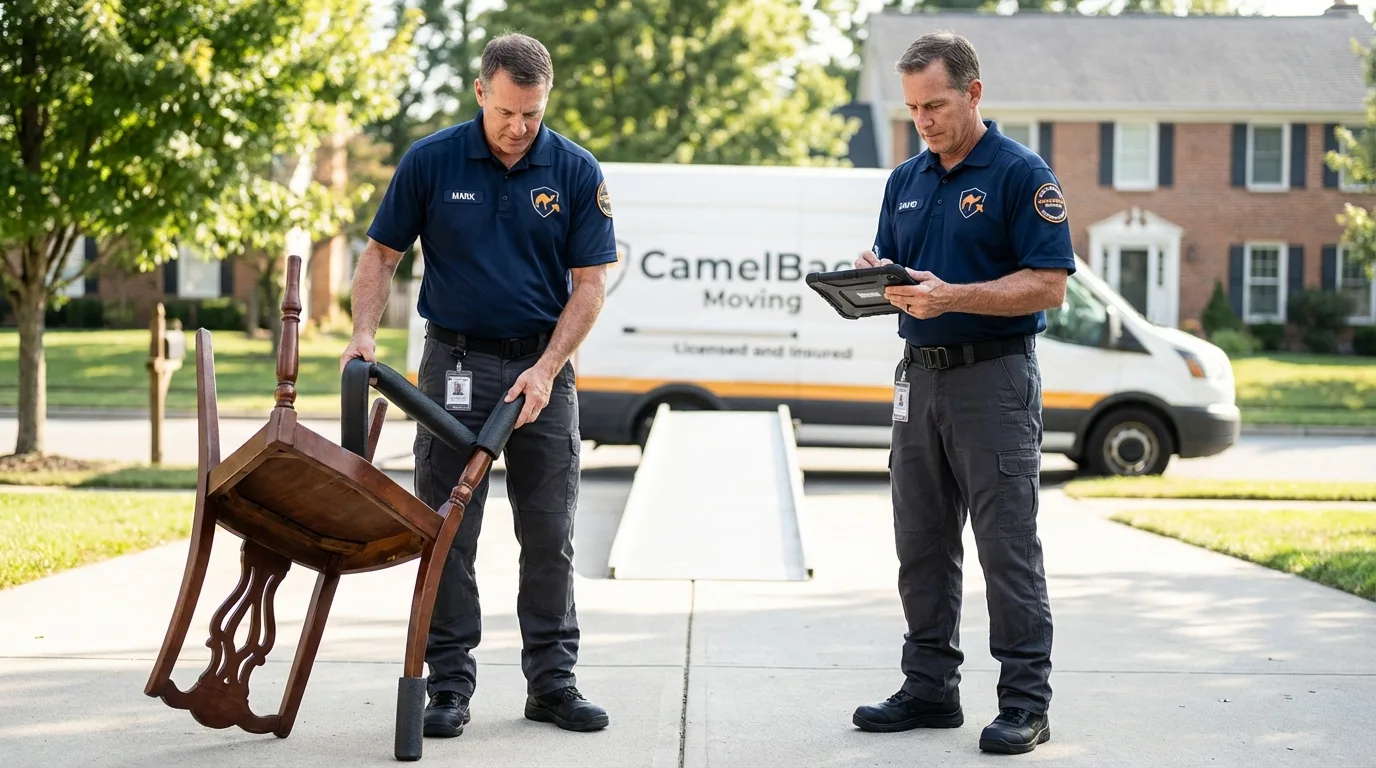 Movers inspecting furniture for damage prevention before loading in York, AL