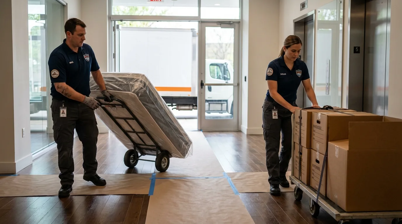 Professional apartment movers loading elevator in York, AL