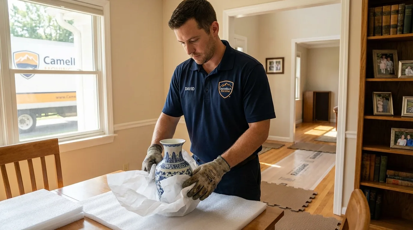 Professional crew carefully wrapping antique vase for senior downsizing move in York, AL